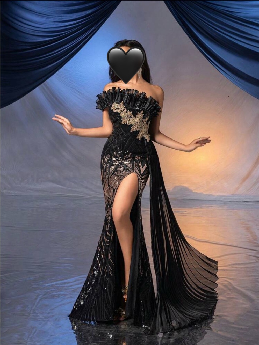 SHEIN Black One-Shoulder Sequin Gown with Gold Appliqué